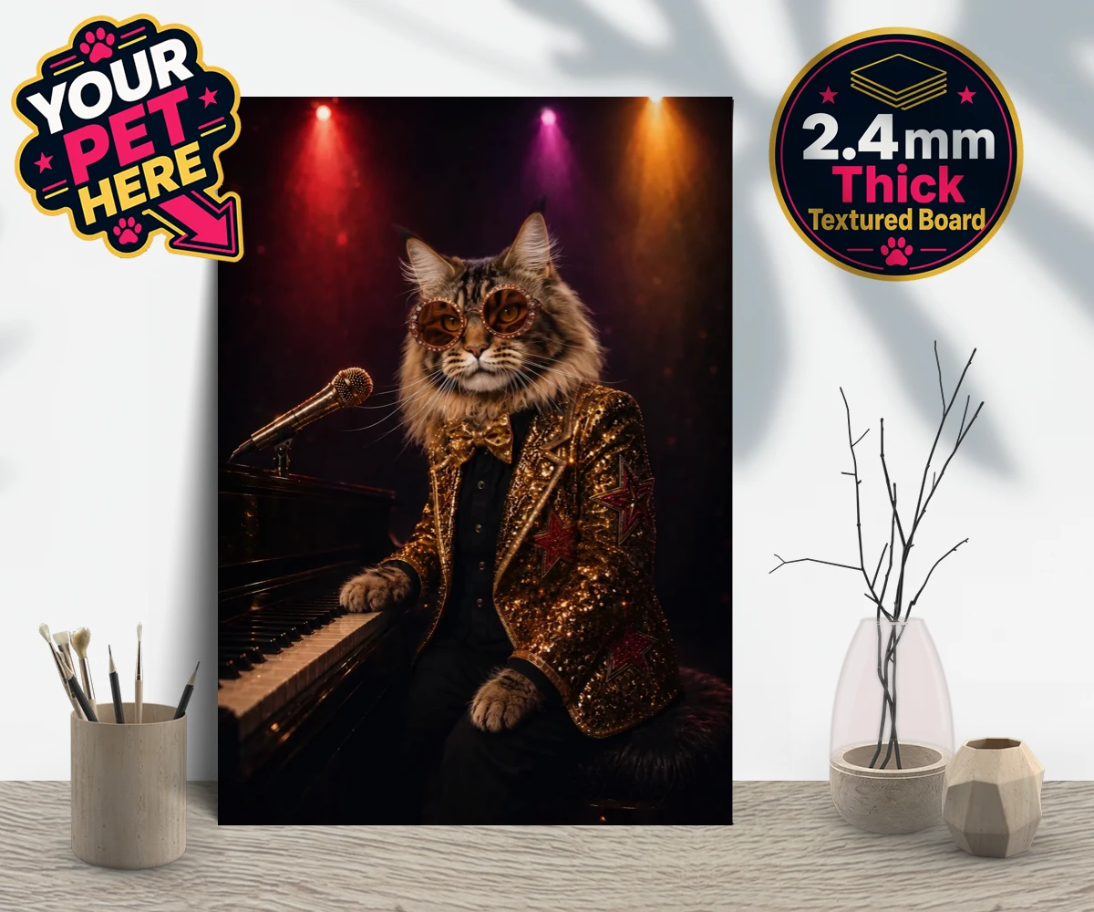 Personalised Rocket Cat dog gallery boards featuring the dazzling canine superstar of the music scene, captured in a stunni