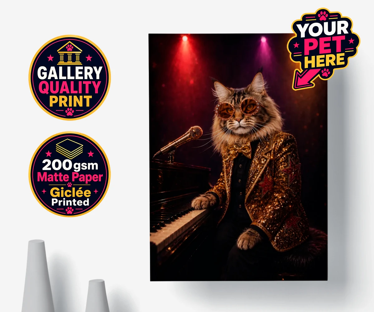 Personalised Rocket Cat dog premium poster print featuring the dazzling canine superstar of the music scene, captured in a stunni