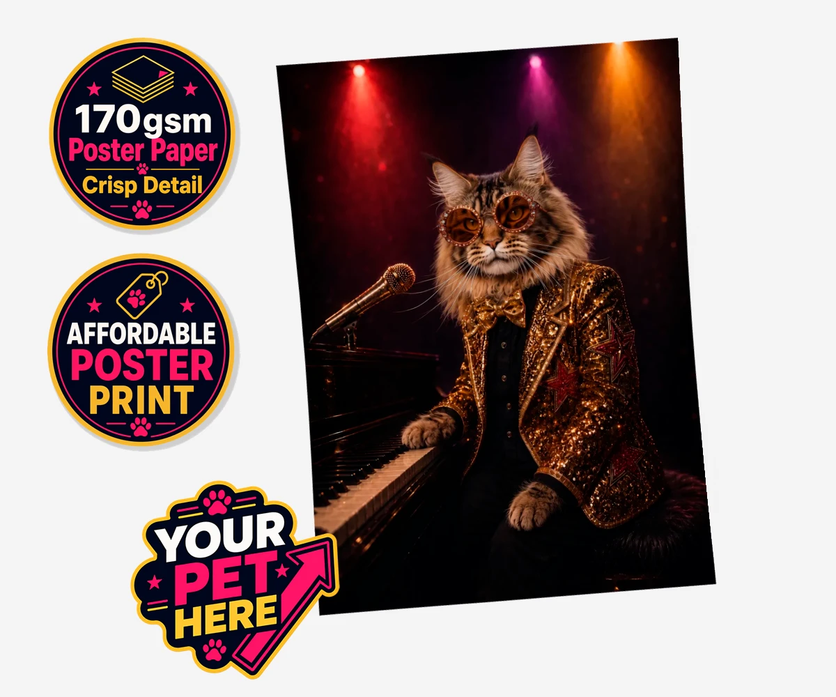 Personalised Rocket Cat dog standard poster print featuring the dazzling canine superstar of the music scene, captured in a stunni