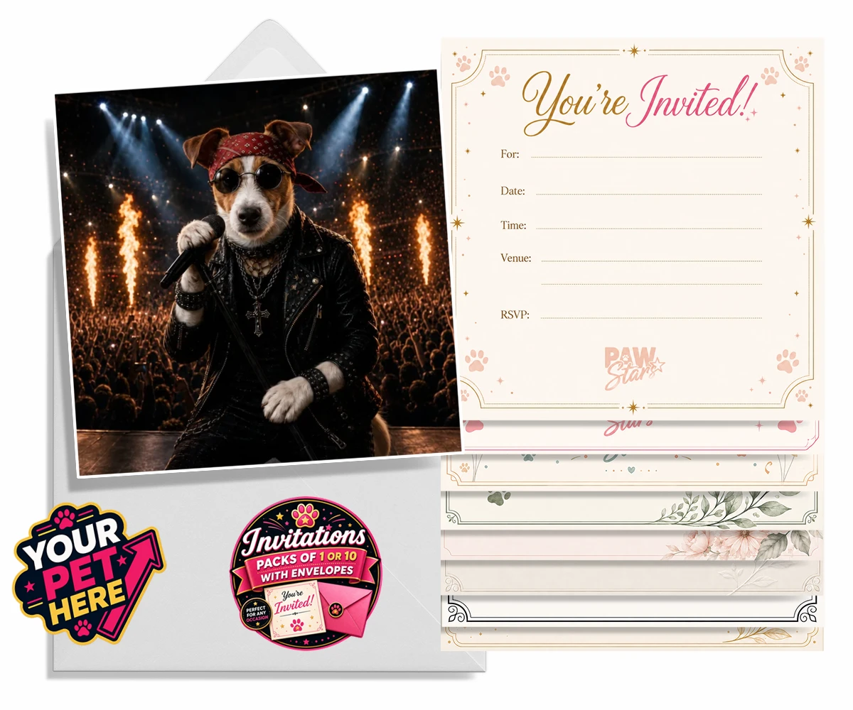 Personalised Rock Legend dog invitations featuring rock Legend is the perfect blend of canine charisma and rock ‘n’ roll