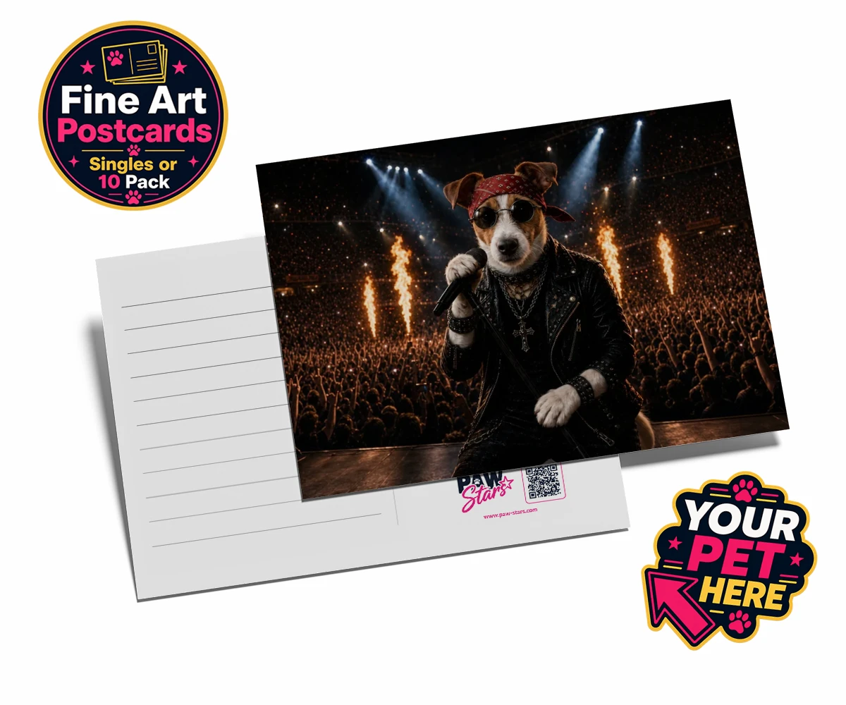 Personalised Rock Legend dog postcards featuring rock Legend is the perfect blend of canine charisma and rock ‘n’ roll
