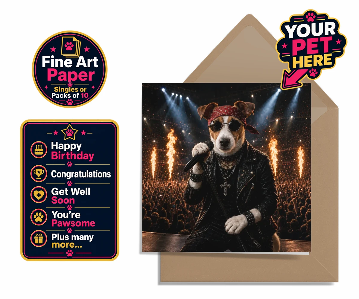 Personalised Rock Legend dog premium greetings cards featuring rock Legend is the perfect blend of canine charisma and rock ‘n’ roll