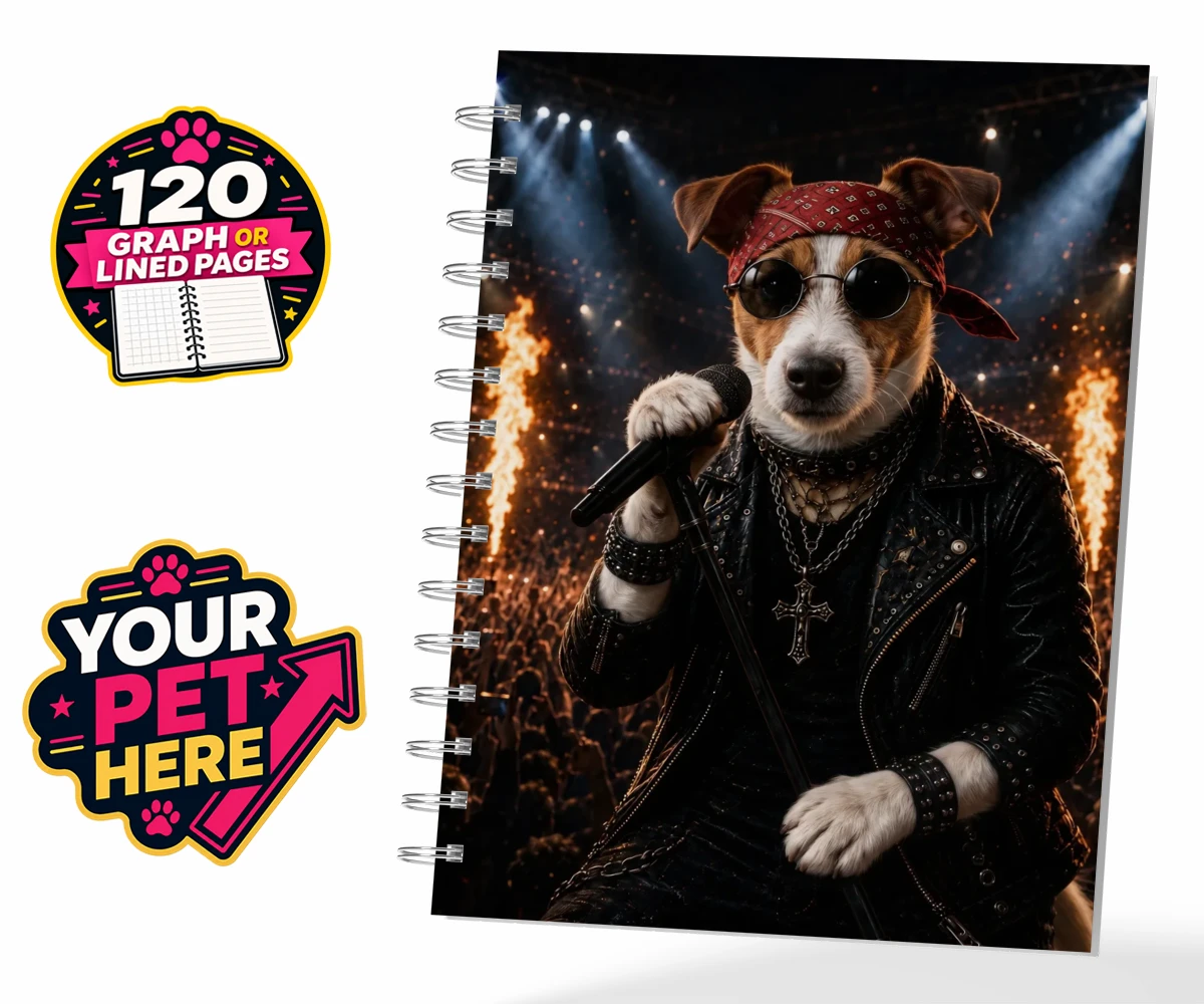 Personalised Rock Legend dog spiral notebook featuring rock Legend is the perfect blend of canine charisma and rock ‘n’ roll