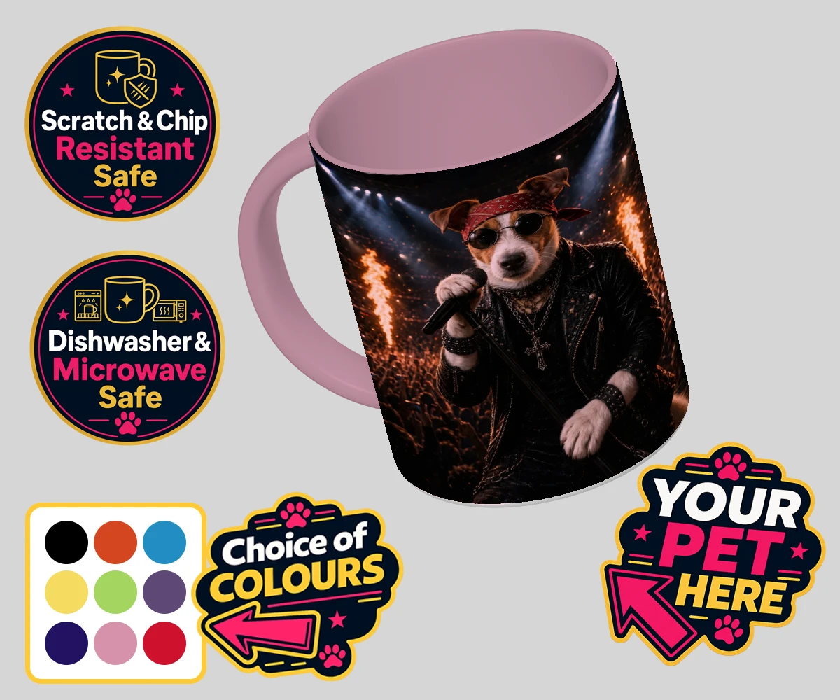 Personalised Rock Legend dog coloured photo mugs featuring rock Legend is the perfect blend of canine charisma and rock ‘n’ roll