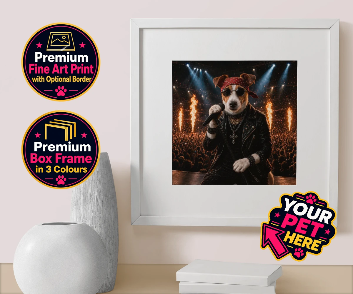 Personalised Rock Legend dog box framed print featuring rock Legend is the perfect blend of canine charisma and rock ‘n’ roll