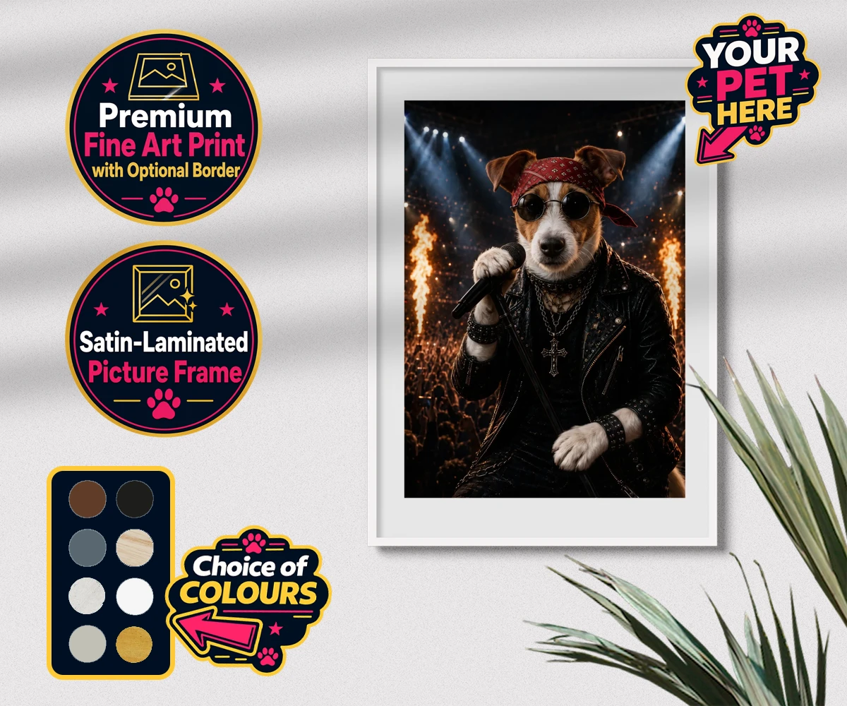 Personalised Rock Legend dog premium framed print featuring rock Legend is the perfect blend of canine charisma and rock ‘n’ roll