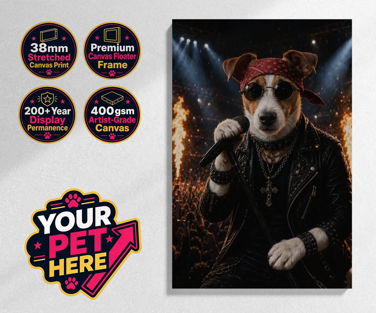 Personalised Rock Legend dog stretched canvas print featuring rock Legend is the perfect blend of canine charisma and rock ‘n’ roll