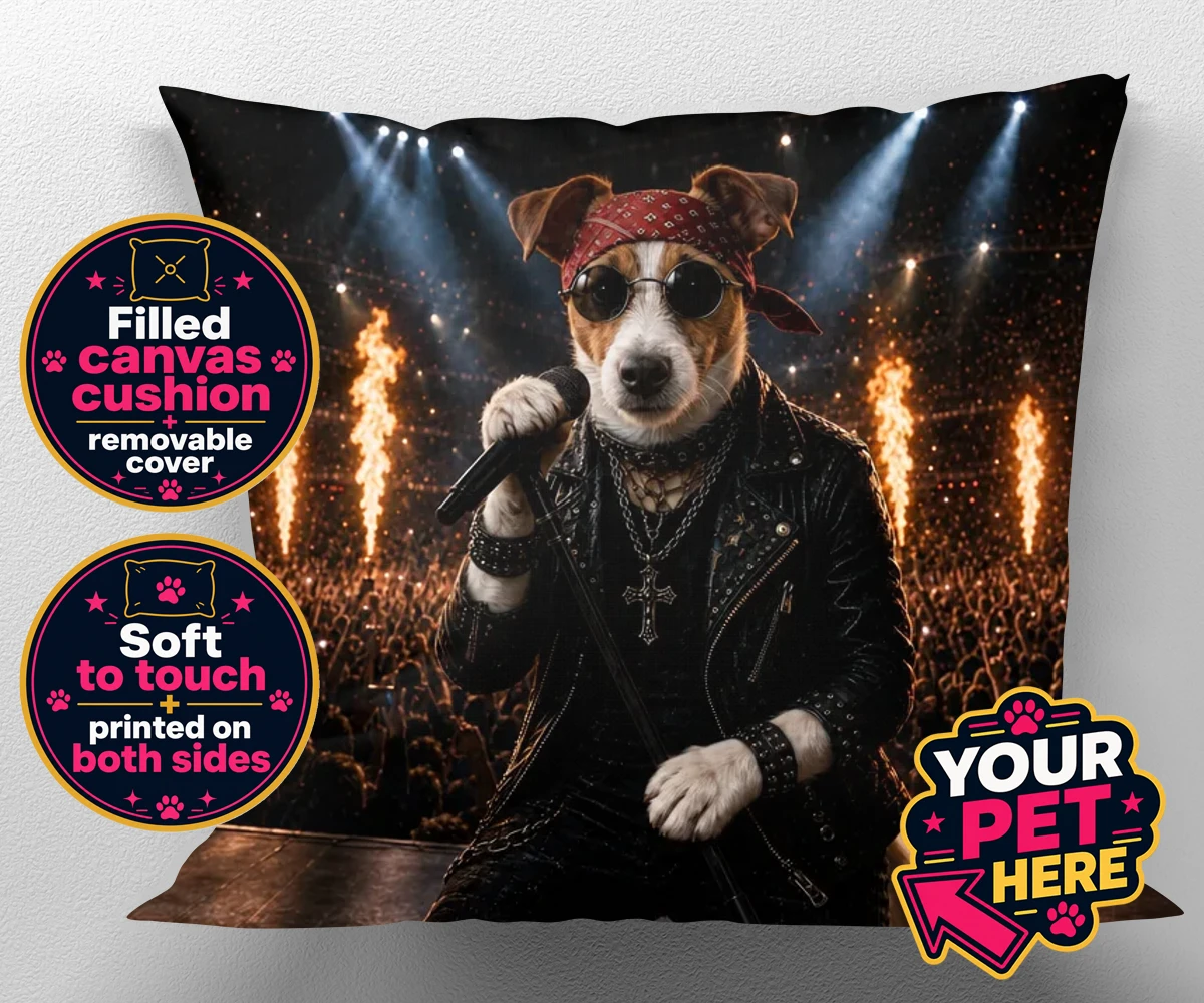 Personalised Rock Legend dog canvas cushions featuring rock Legend is the perfect blend of canine charisma and rock ‘n’ roll