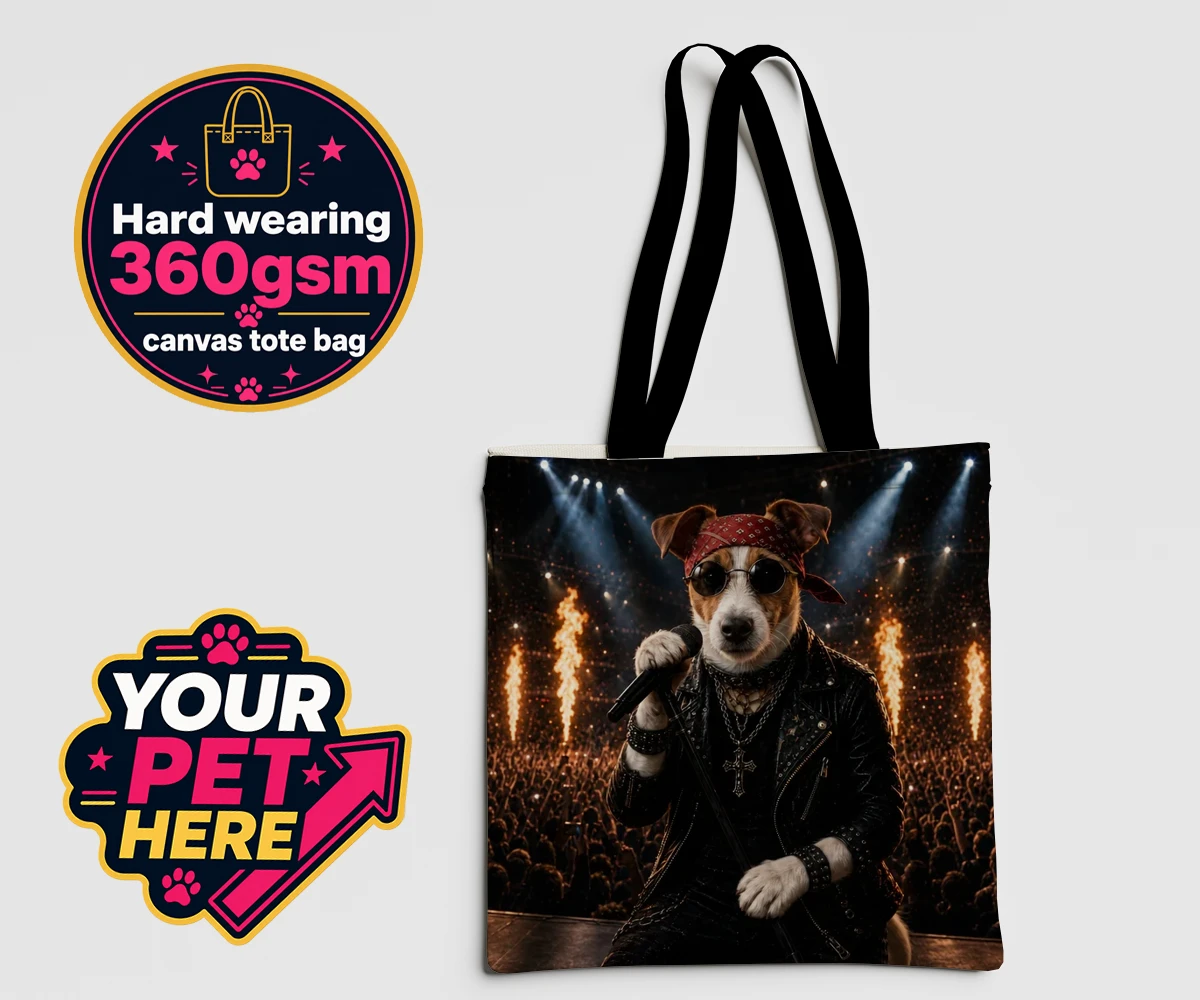 Personalised Rock Legend dog canvas tote bags featuring rock Legend is the perfect blend of canine charisma and rock ‘n’ roll