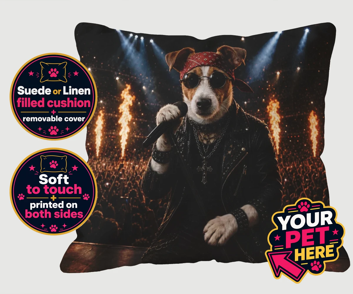 Personalised Rock Legend dog cushions featuring rock Legend is the perfect blend of canine charisma and rock ‘n’ roll