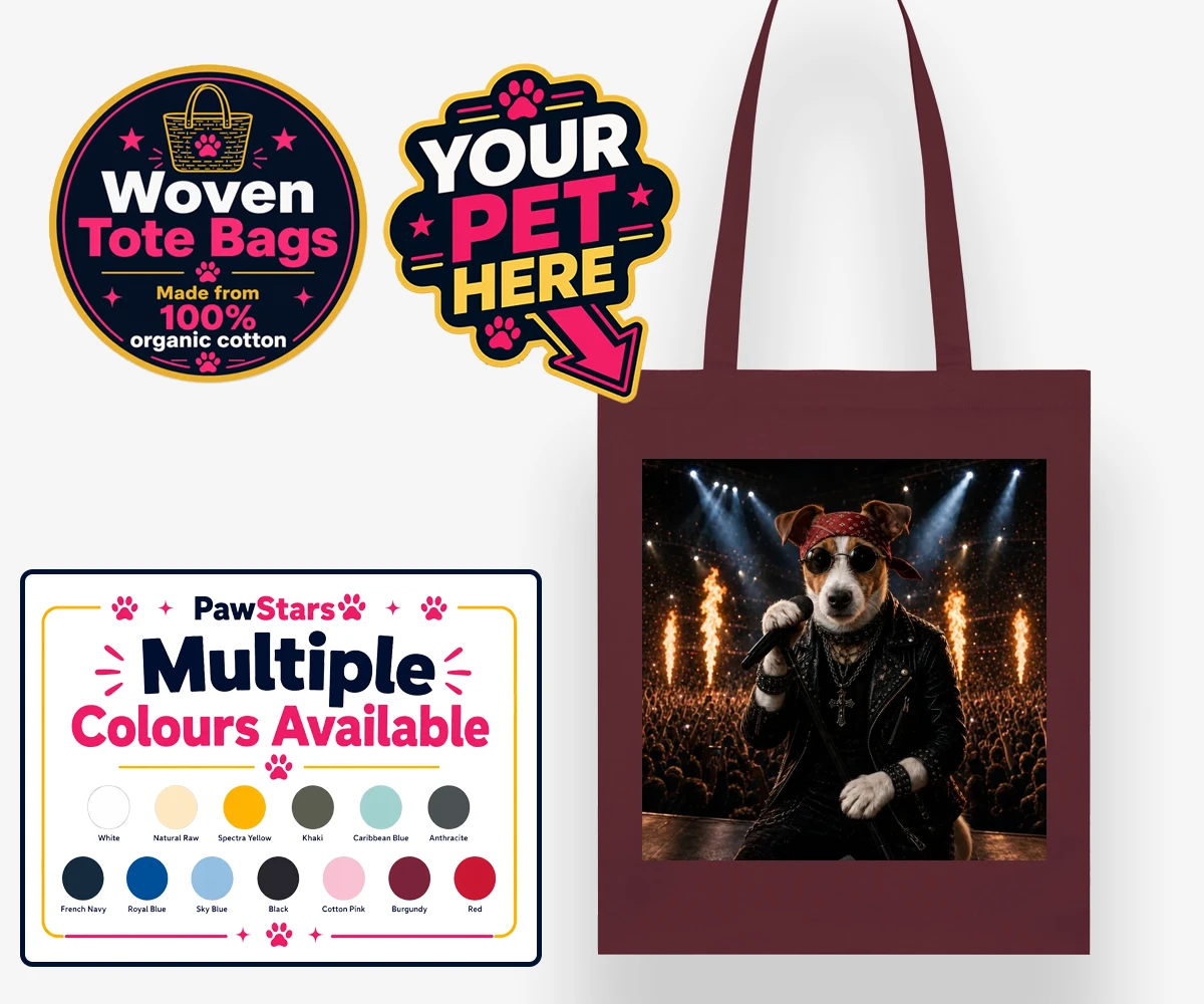 Personalised Rock Legend dog woven tote bags featuring rock Legend is the perfect blend of canine charisma and rock ‘n’ roll