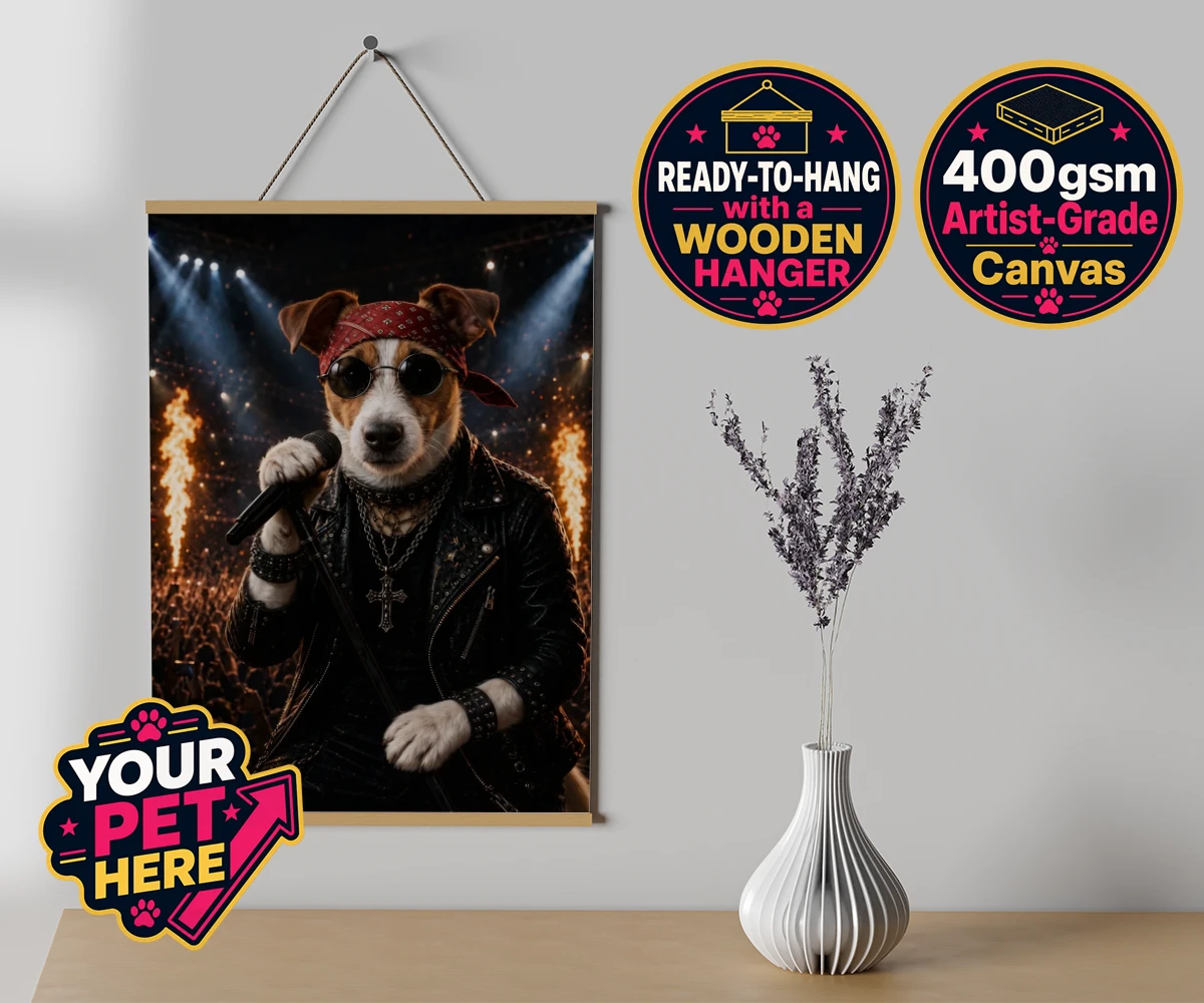 Personalised Rock Legend dog canvas poster prints with hanger featuring rock Legend is the perfect blend of canine charisma and rock ‘n’ roll