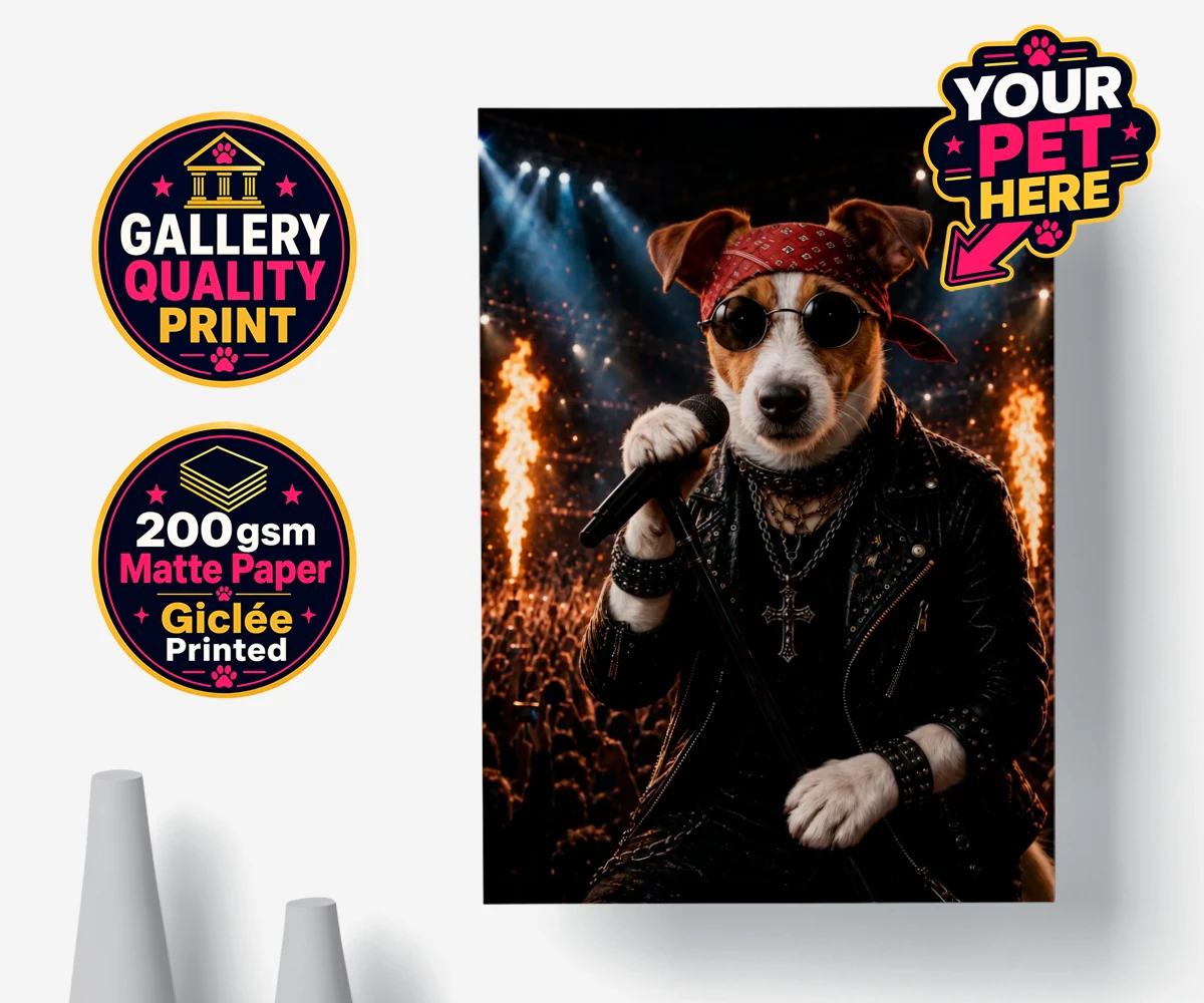Personalised Rock Legend dog premium poster print featuring rock Legend is the perfect blend of canine charisma and rock ‘n’ roll