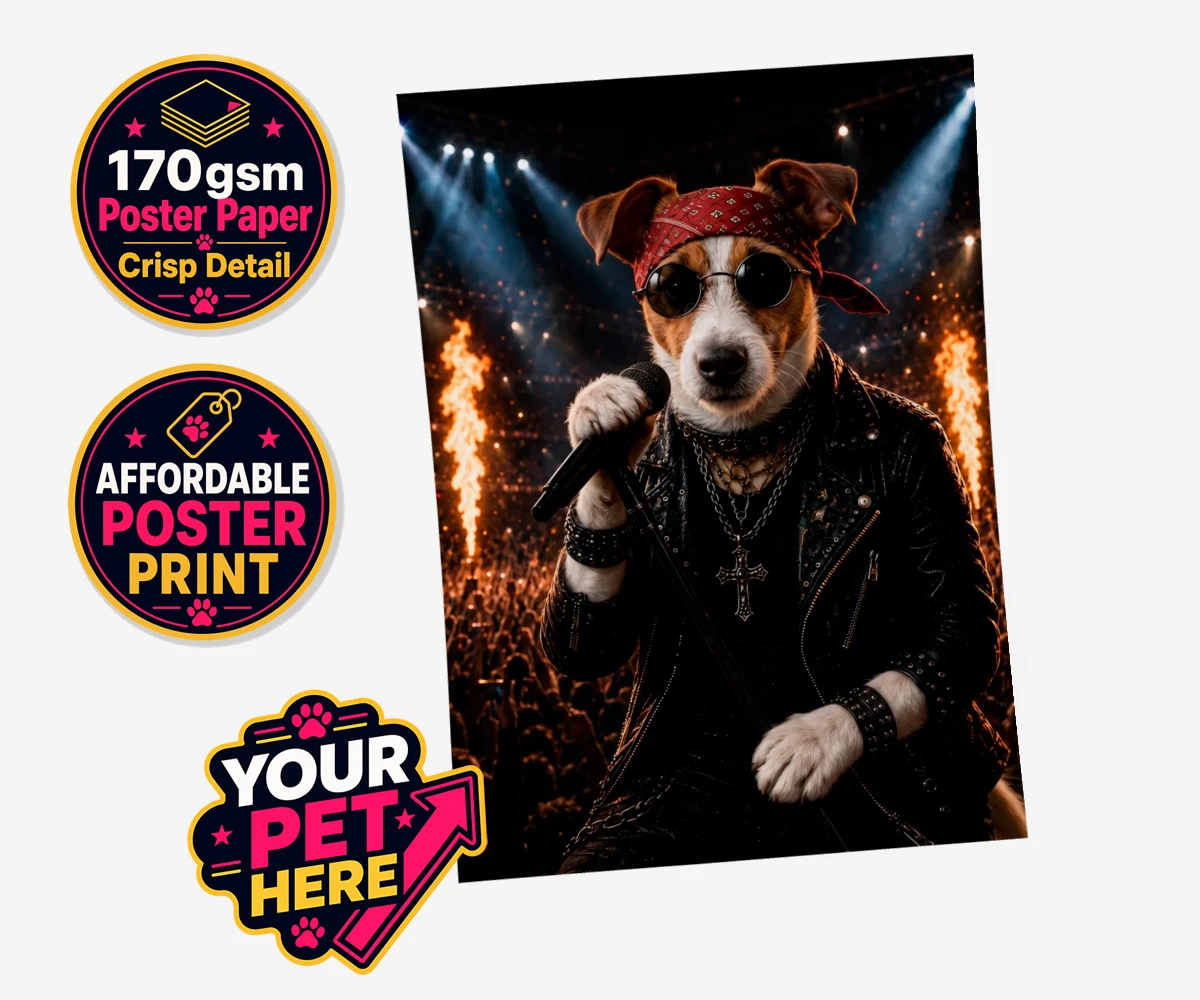 Personalised Rock Legend dog standard poster print featuring rock Legend is the perfect blend of canine charisma and rock ‘n’ roll