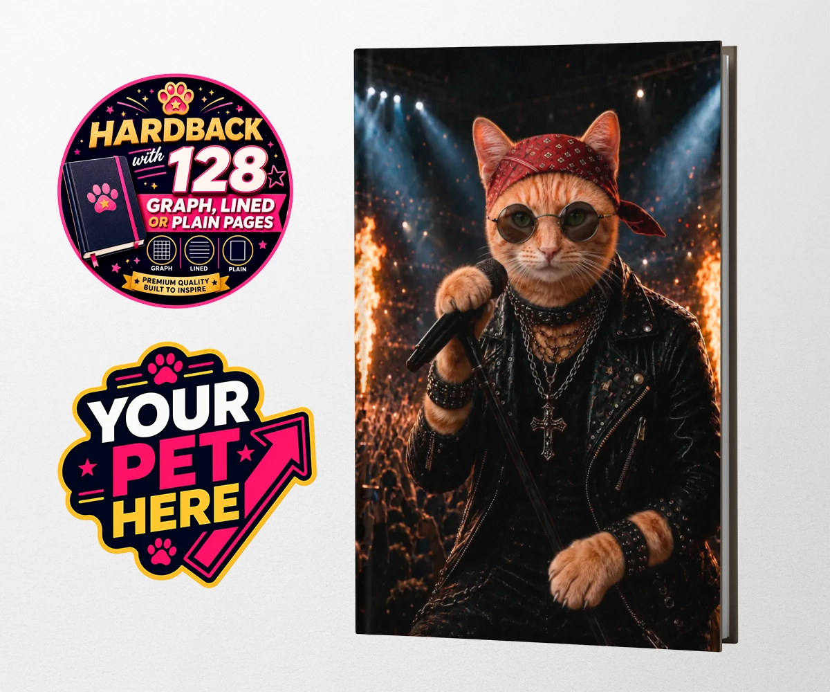 Personalised Rock Legend cat hardback notebooks featuring meet Rock Legend, the feline superstar ready to steal the show!