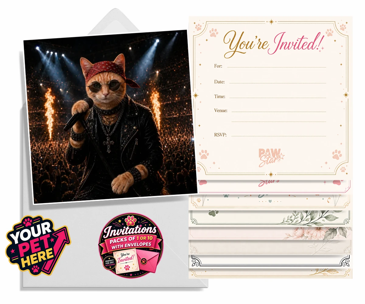 Personalised Rock Legend cat invitations featuring meet Rock Legend, the feline superstar ready to steal the show!