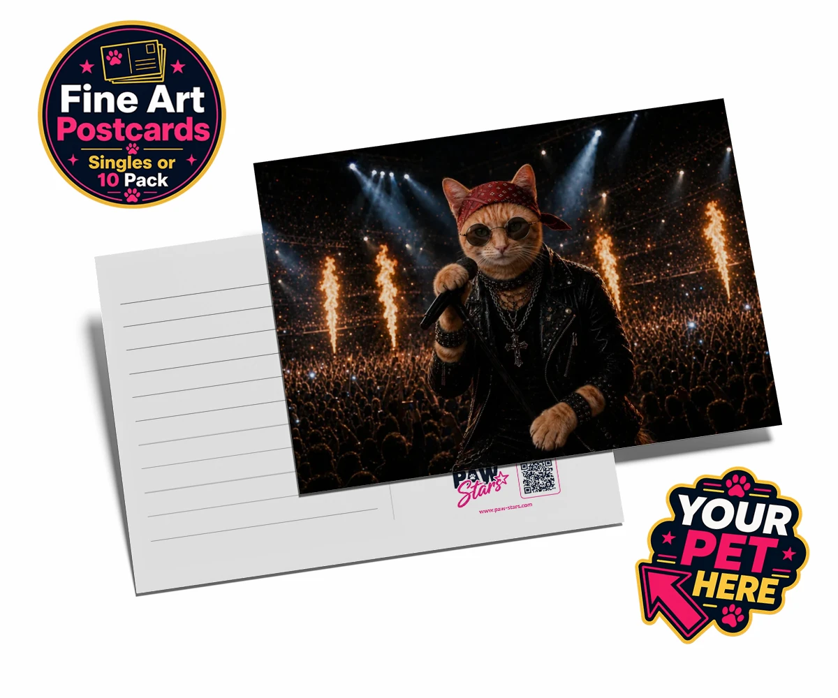 Personalised Rock Legend cat postcards featuring meet Rock Legend, the feline superstar ready to steal the show!