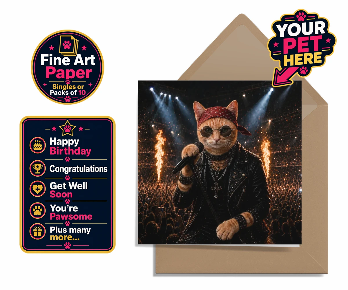 Personalised Rock Legend cat premium greetings cards featuring meet Rock Legend, the feline superstar ready to steal the show!
