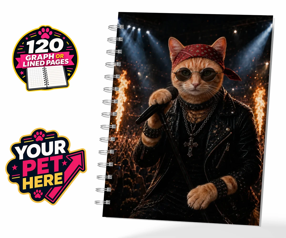 Personalised Rock Legend cat spiral notebook featuring meet Rock Legend, the feline superstar ready to steal the show!