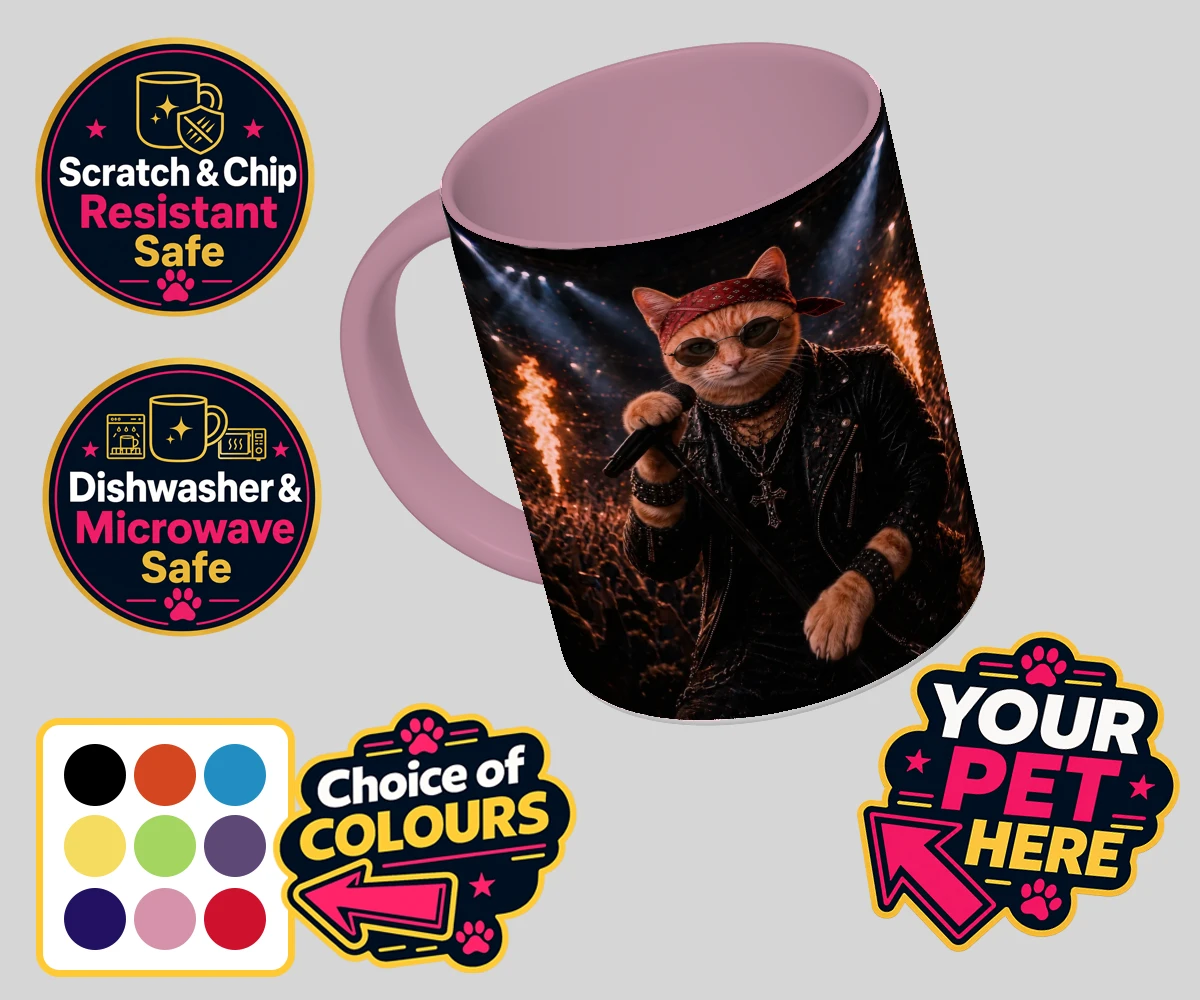 Personalised Rock Legend cat coloured photo mugs featuring meet Rock Legend, the feline superstar ready to steal the show!