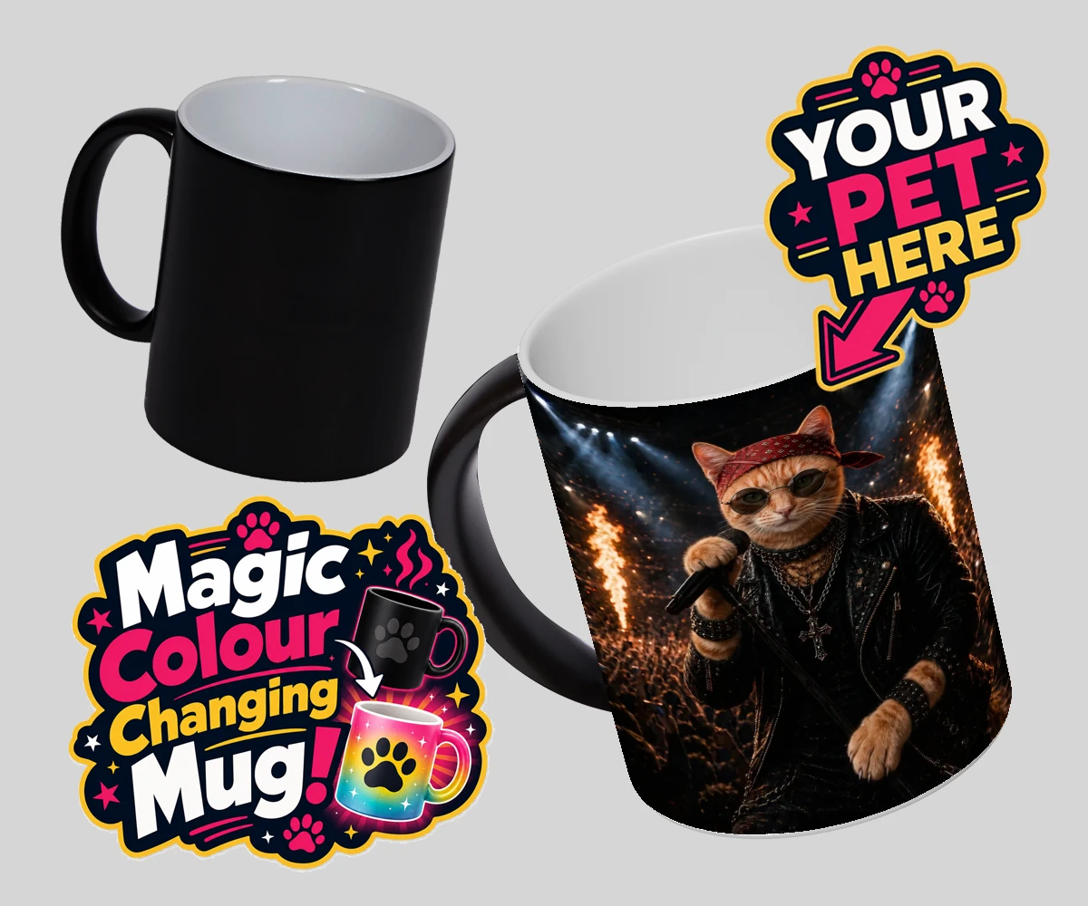 Personalised Rock Legend cat magic photo mugs featuring meet Rock Legend, the feline superstar ready to steal the show!