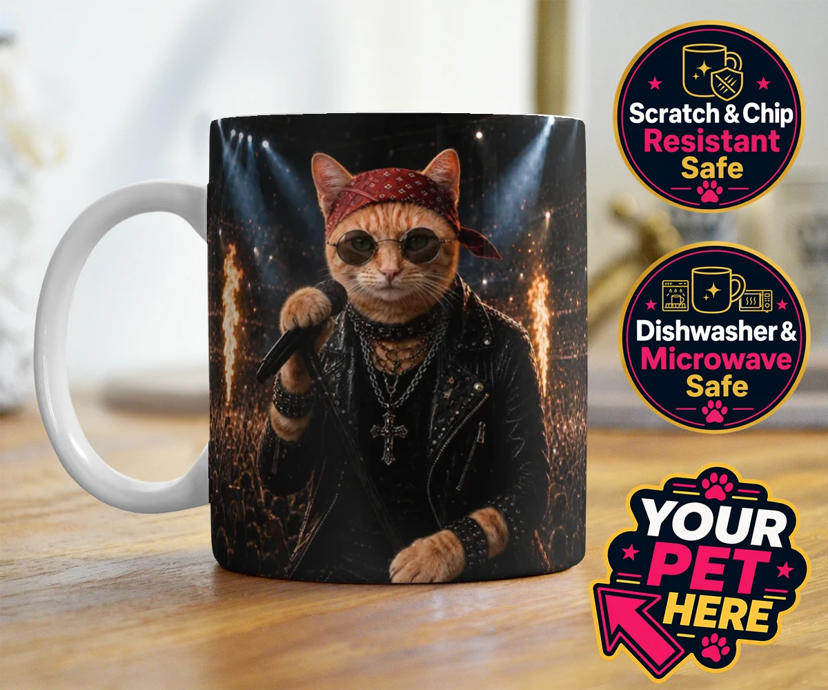 Personalised Rock Legend cat photo mugs featuring meet Rock Legend, the feline superstar ready to steal the show!
