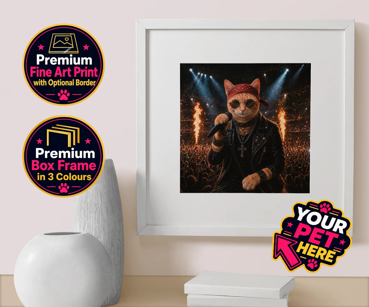 Personalised Rock Legend cat box framed print featuring meet Rock Legend, the feline superstar ready to steal the show!