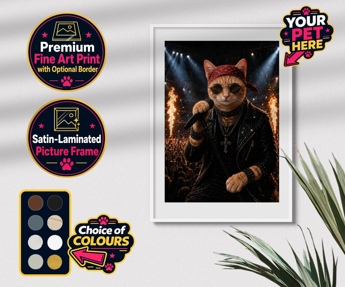Personalised Rock Legend cat premium framed print featuring meet Rock Legend, the feline superstar ready to steal the show!