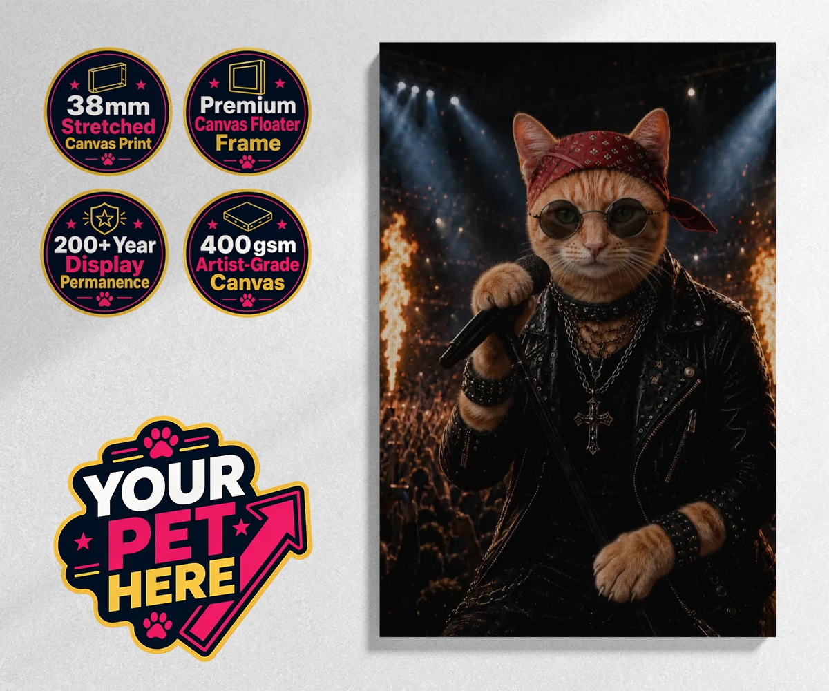 Personalised Rock Legend cat stretched canvas print featuring meet Rock Legend, the feline superstar ready to steal the show!