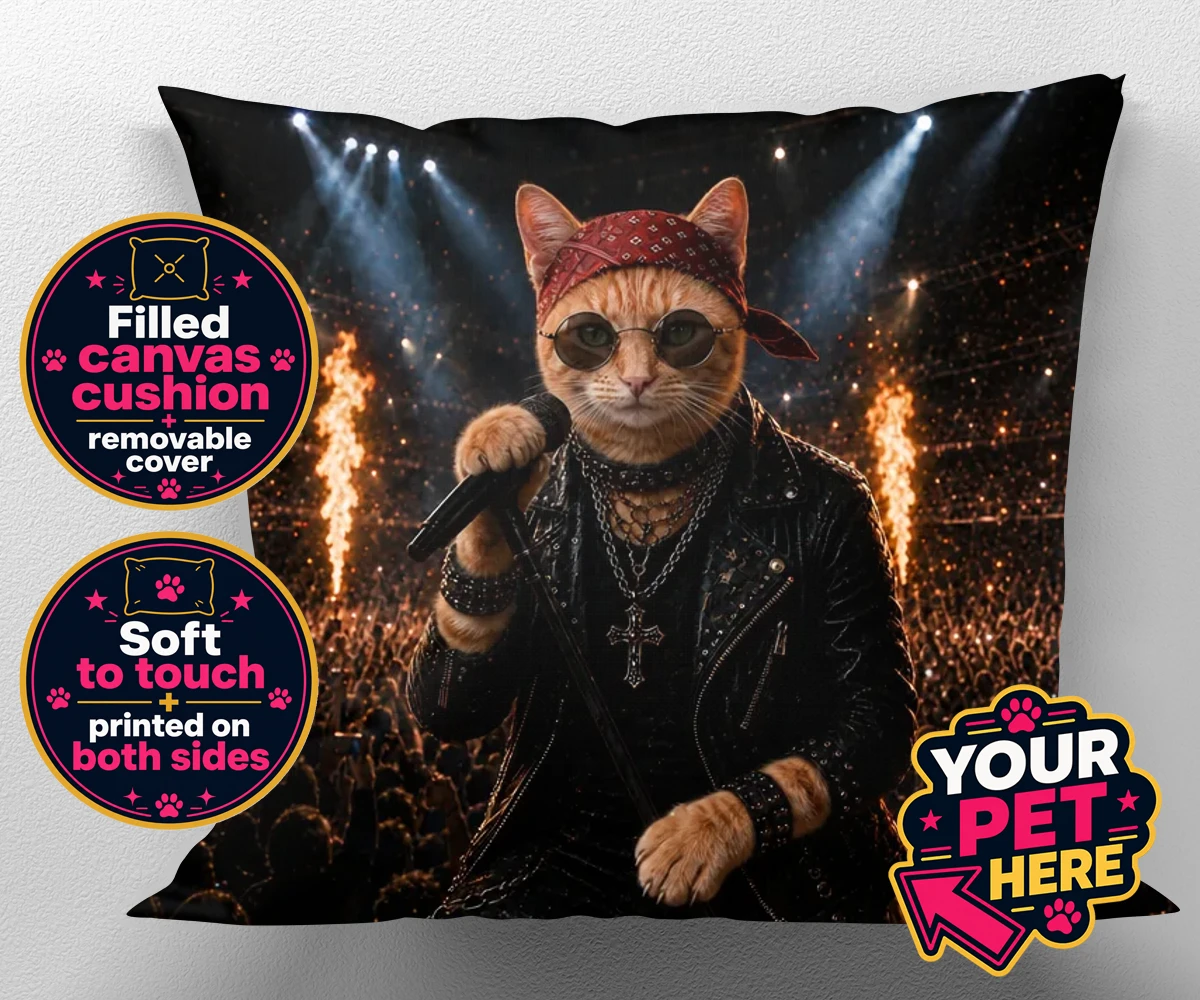 Personalised Rock Legend cat canvas cushions featuring meet Rock Legend, the feline superstar ready to steal the show!