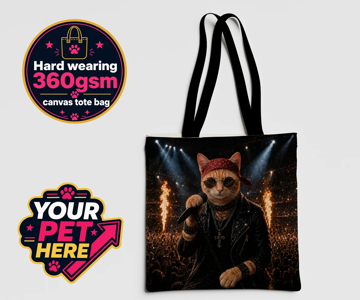 Personalised Rock Legend cat canvas tote bags featuring meet Rock Legend, the feline superstar ready to steal the show!