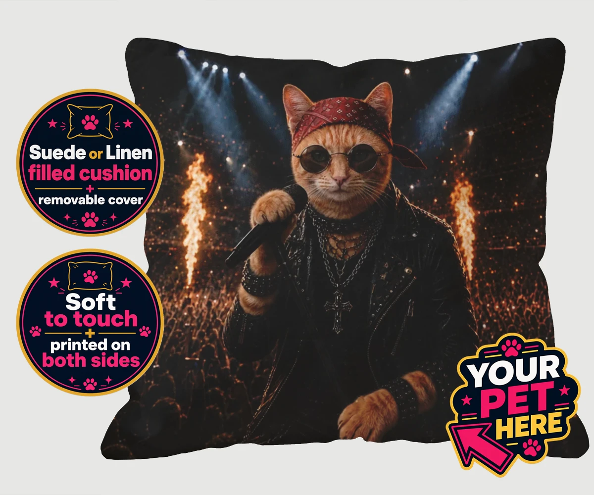 Personalised Rock Legend cat cushions featuring meet Rock Legend, the feline superstar ready to steal the show!