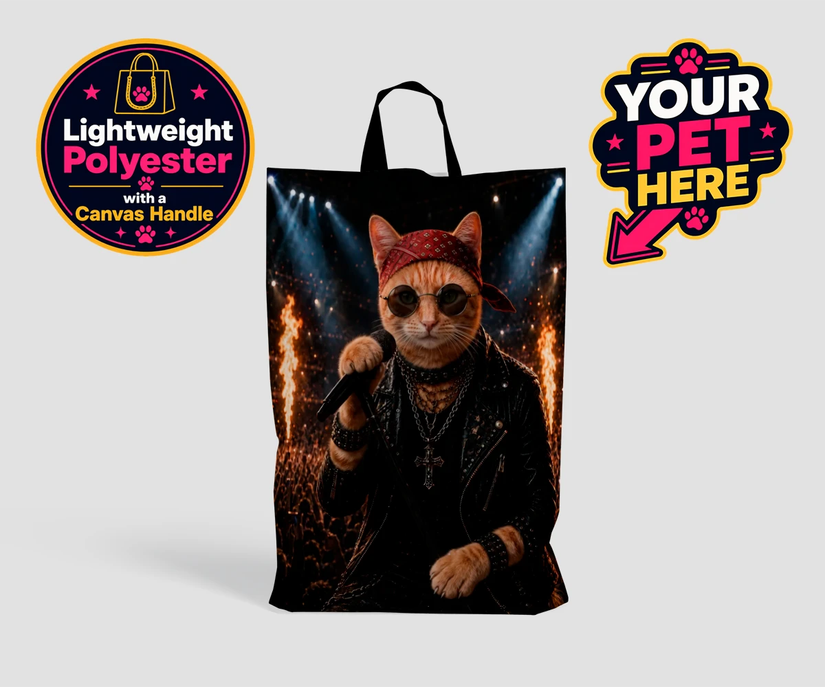 Personalised Rock Legend cat shopping bags featuring meet Rock Legend, the feline superstar ready to steal the show!