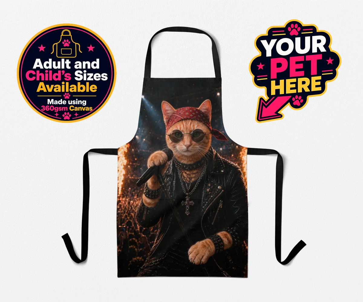 Personalised Rock Legend cat aprons featuring meet Rock Legend, the feline superstar ready to steal the show!