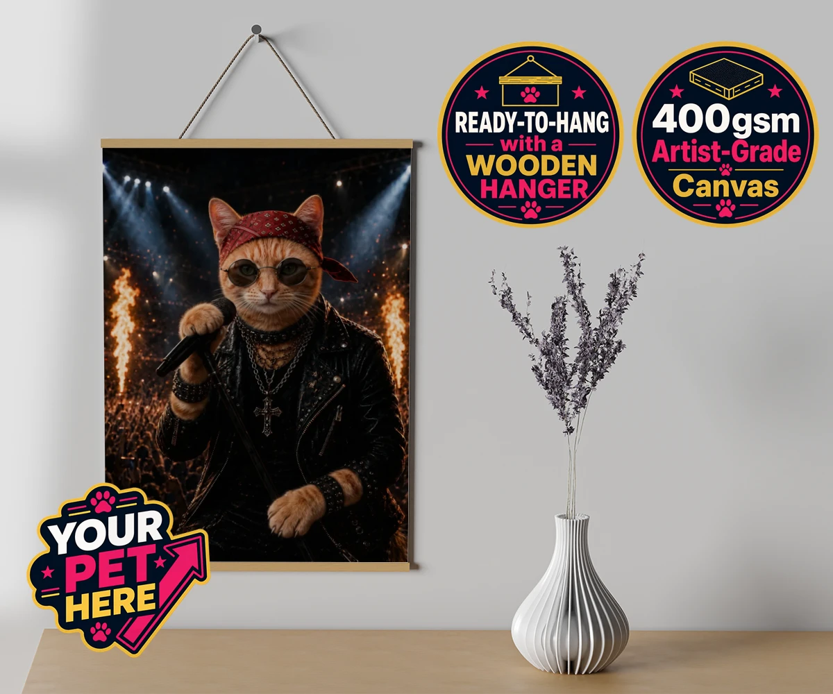 Personalised Rock Legend cat canvas poster prints with hanger featuring meet Rock Legend, the feline superstar ready to steal the show!