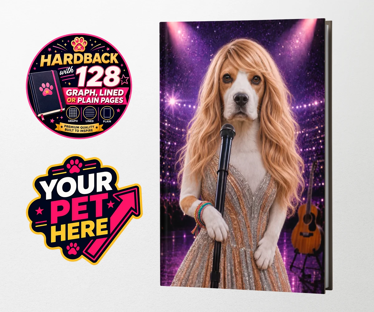 Personalised Swiftie Paws dog hardback notebooks featuring the enchanting canine star of the stage, ready to steal hearts with he