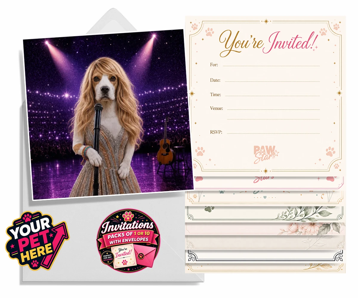 Personalised Swiftie Paws dog invitations featuring the enchanting canine star of the stage, ready to steal hearts with he