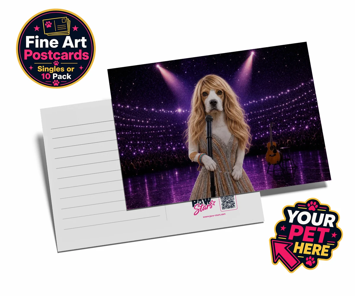 Personalised Swiftie Paws dog postcards featuring the enchanting canine star of the stage, ready to steal hearts with he