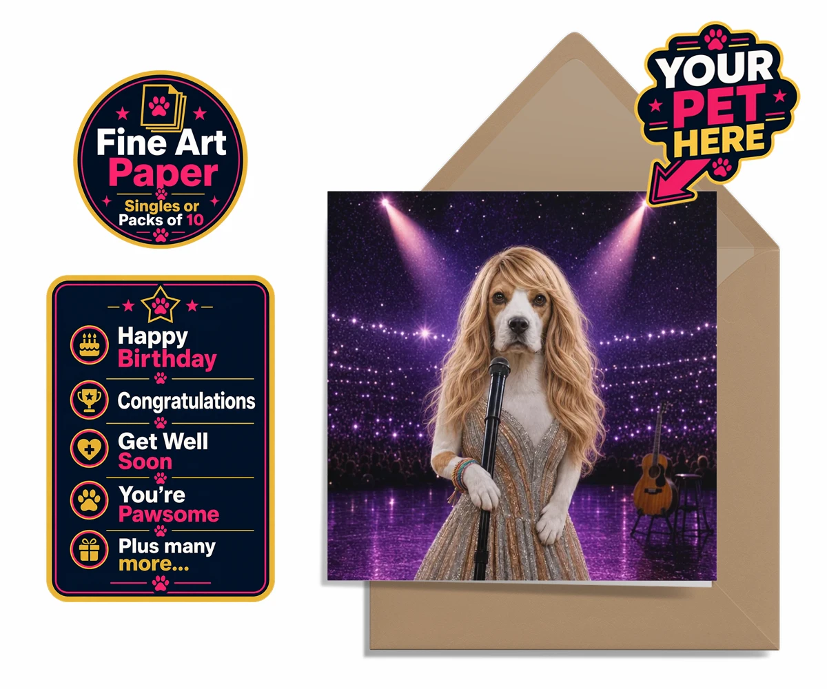 Personalised Swiftie Paws dog premium greetings cards featuring the enchanting canine star of the stage, ready to steal hearts with he