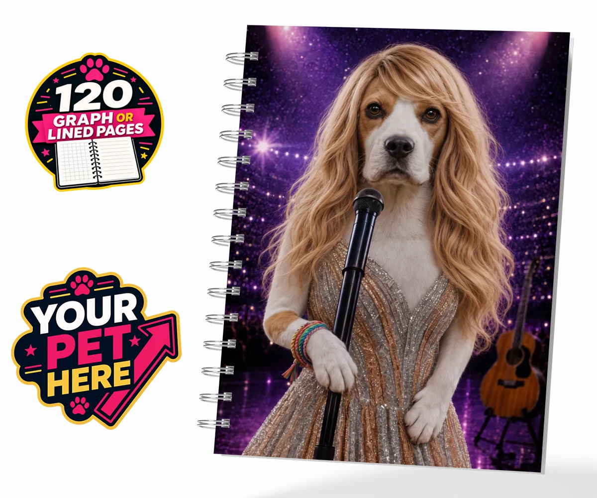 Personalised Swiftie Paws dog spiral notebook featuring the enchanting canine star of the stage, ready to steal hearts with he