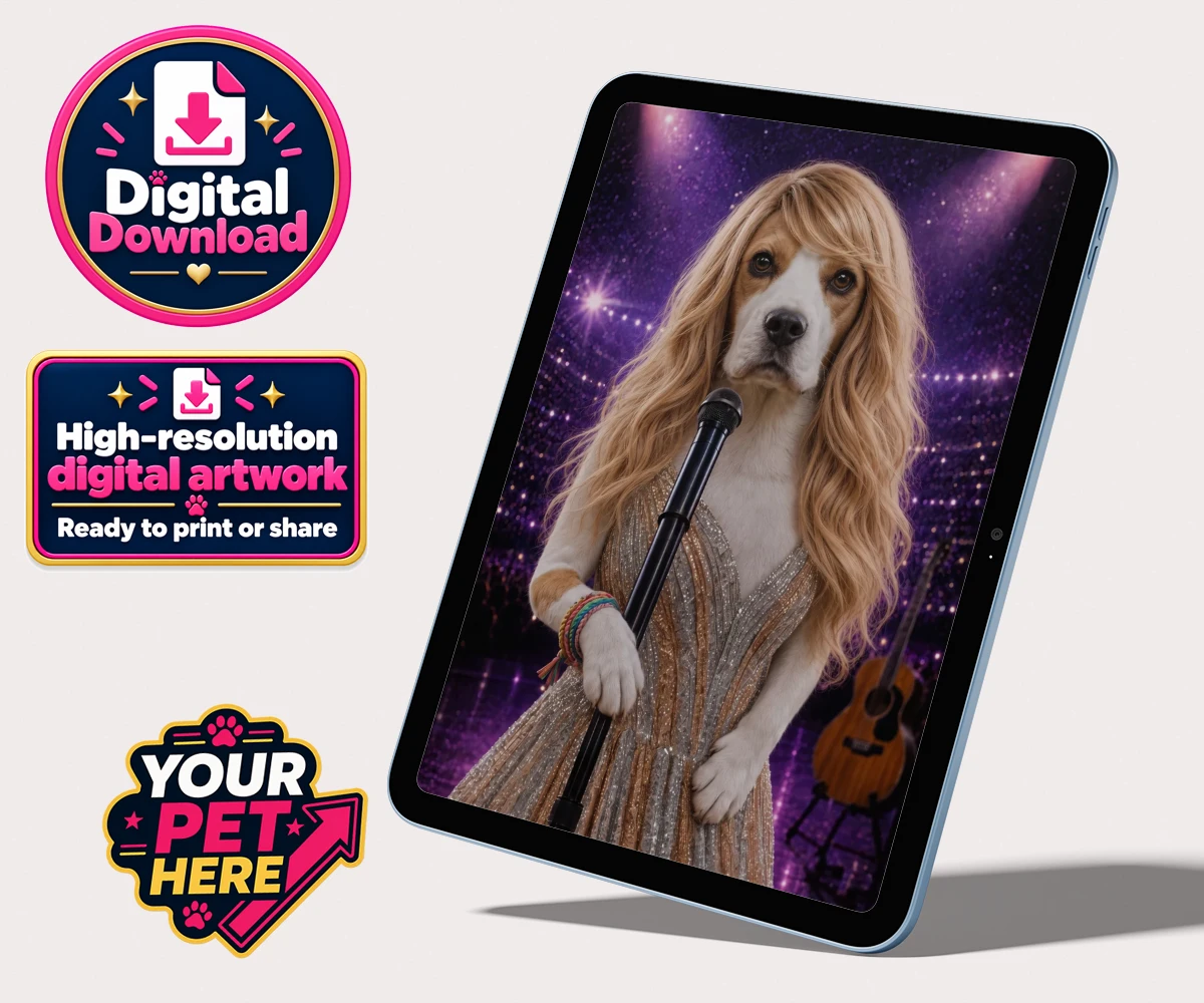 Personalised Swiftie Paws dog personalised digital downloads featuring the enchanting canine star of the stage, ready to steal hearts with he