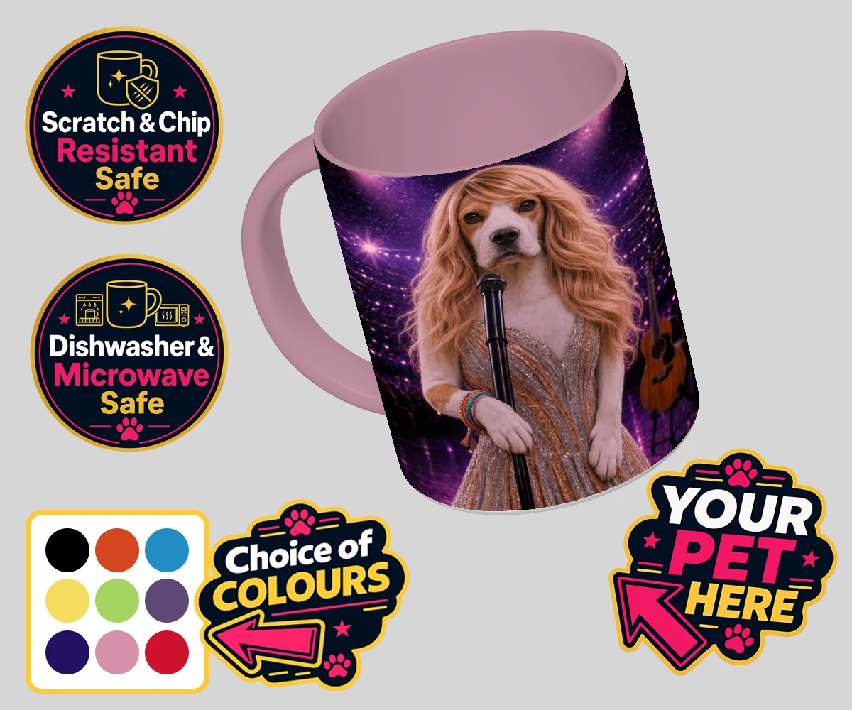 Personalised Swiftie Paws dog coloured photo mugs featuring the enchanting canine star of the stage, ready to steal hearts with he