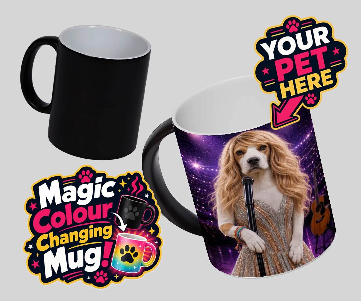 Personalised Swiftie Paws dog magic photo mugs featuring the enchanting canine star of the stage, ready to steal hearts with he