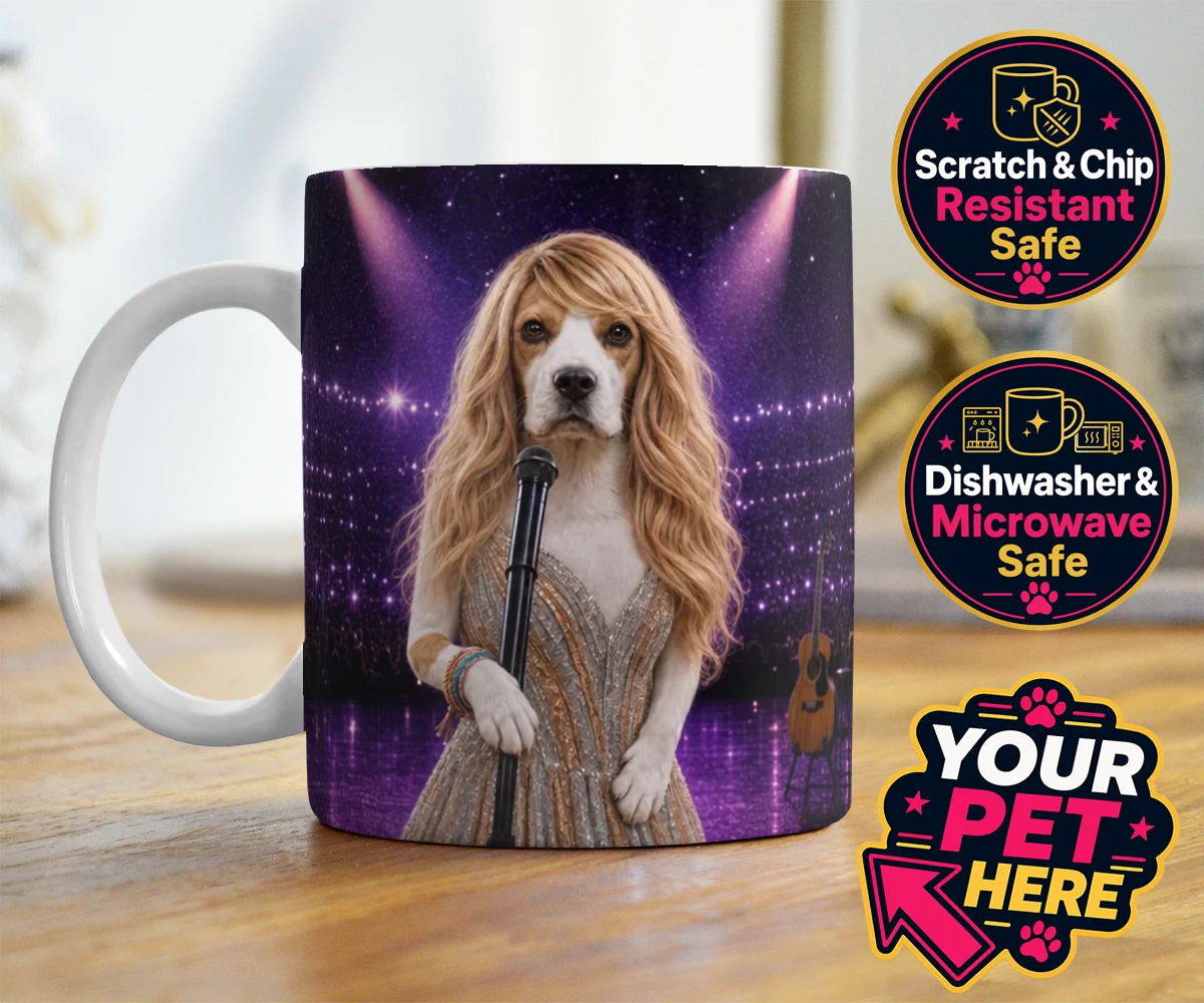 Personalised Swiftie Paws dog photo mugs featuring the enchanting canine star of the stage, ready to steal hearts with he