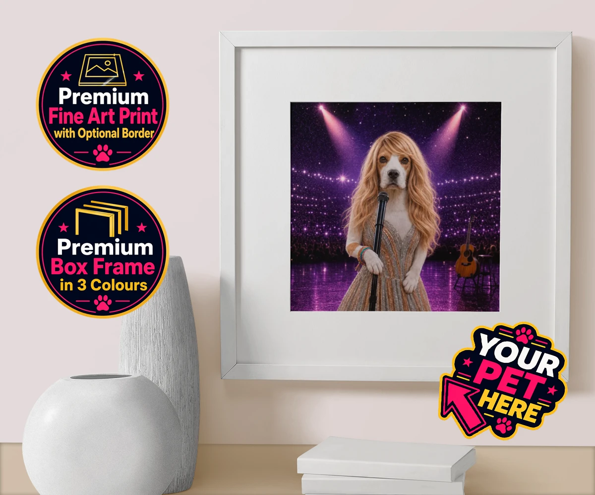 Personalised Swiftie Paws dog box framed print featuring the enchanting canine star of the stage, ready to steal hearts with he