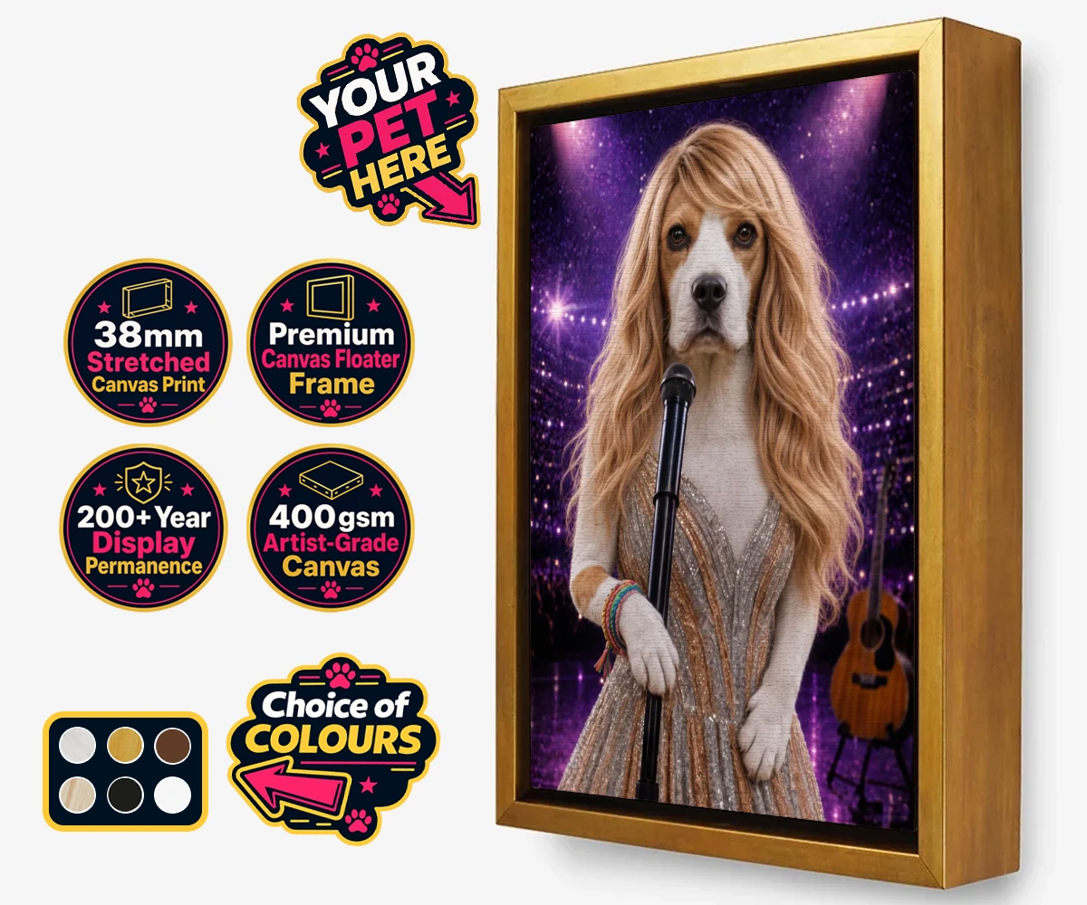 Personalised Swiftie Paws dog framed canvas print featuring the enchanting canine star of the stage, ready to steal hearts with he