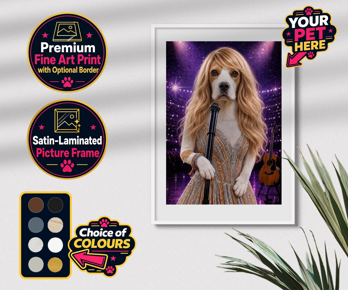 Personalised Swiftie Paws dog premium framed print featuring the enchanting canine star of the stage, ready to steal hearts with he