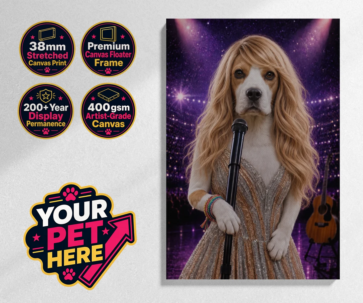 Personalised Swiftie Paws dog stretched canvas print featuring the enchanting canine star of the stage, ready to steal hearts with he