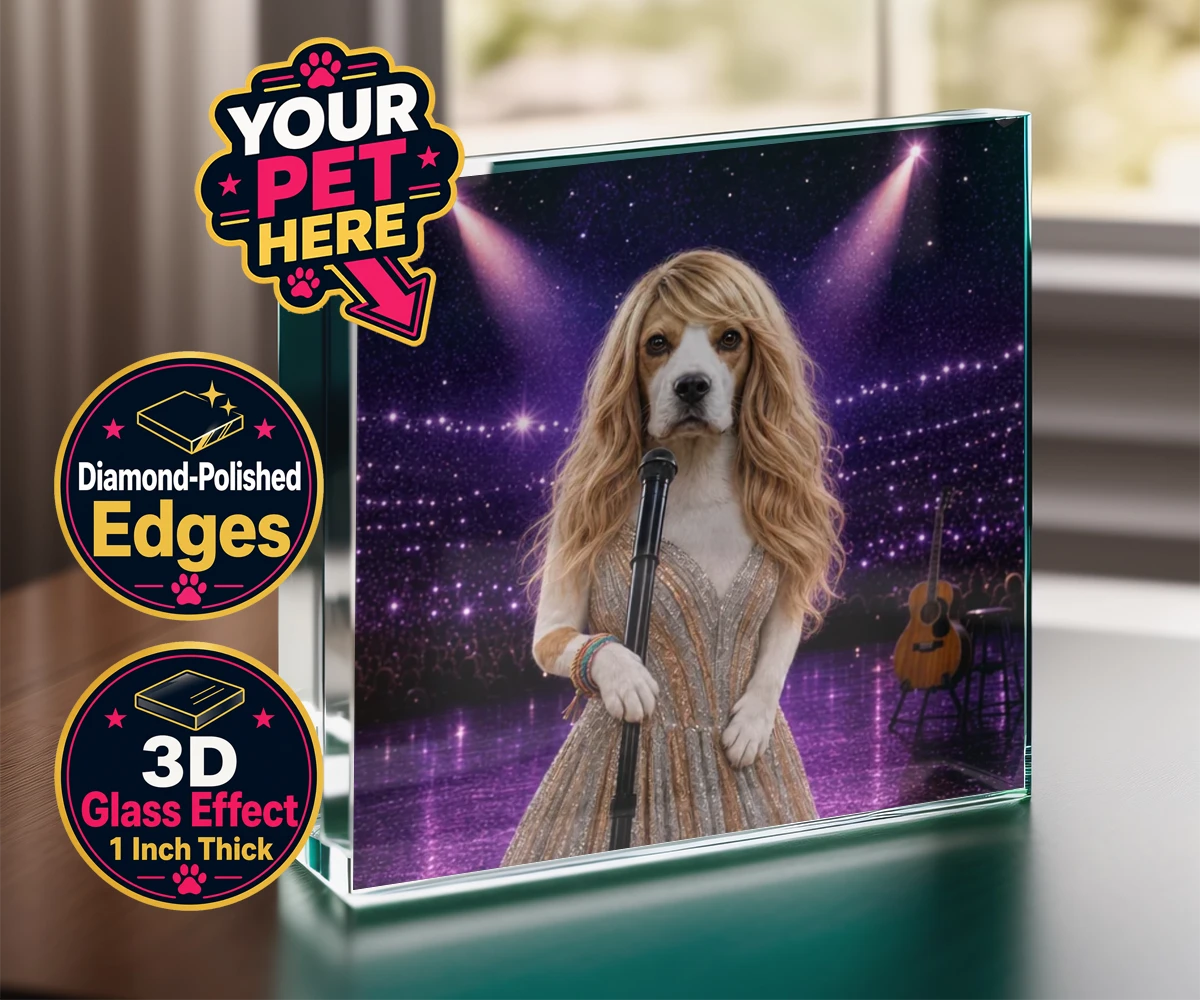 Personalised Swiftie Paws dog acrylic prisms featuring the enchanting canine star of the stage, ready to steal hearts with he