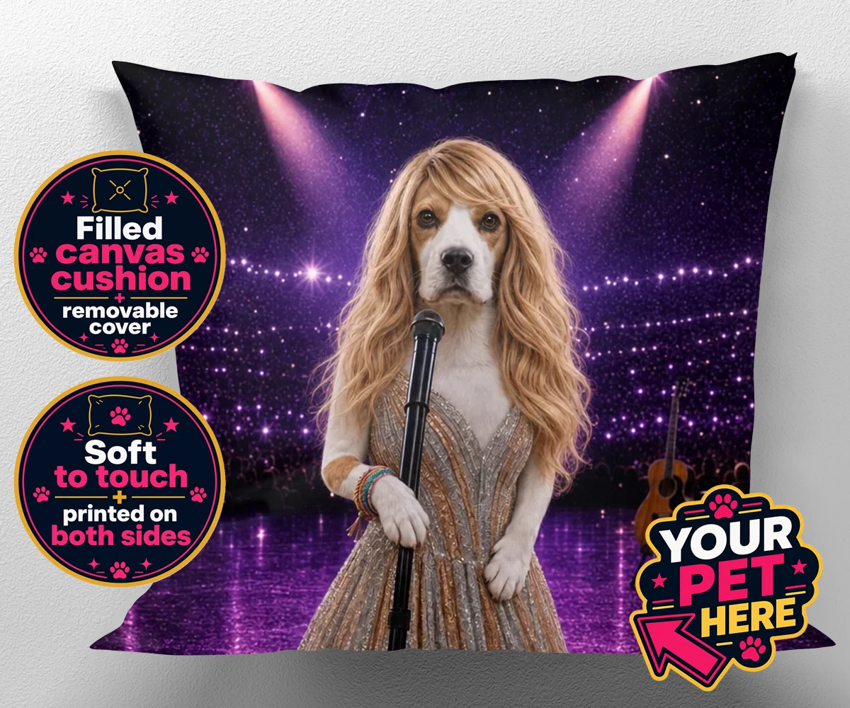 Personalised Swiftie Paws dog canvas cushions featuring the enchanting canine star of the stage, ready to steal hearts with he